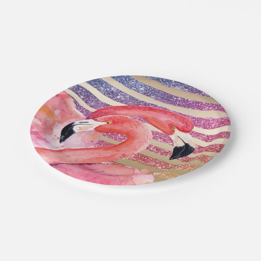 水彩画のフラミンゴのグリッターの金ゴールドは縞で飾ります ペーパープレート (アングル)