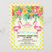 水彩画のフラミンゴの熱帯花のベビーシャワー 招待状 (正面/裏面)