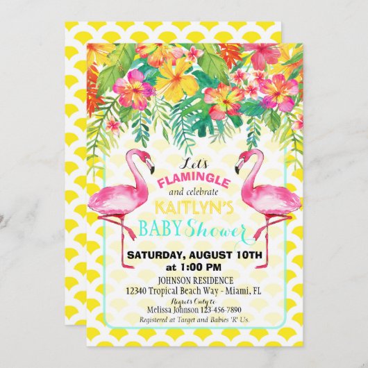 水彩画のフラミンゴの熱帯花のベビーシャワー 招待状 (正面/裏面)