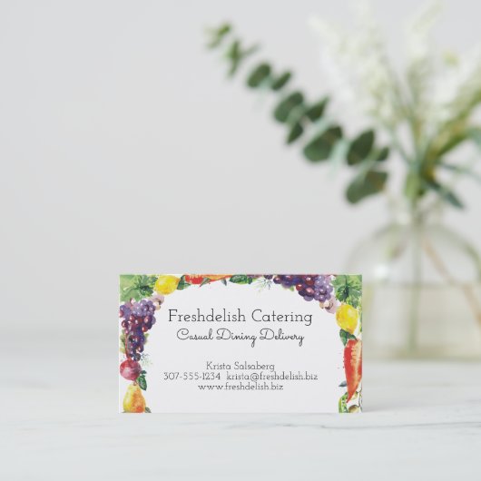 水彩画のフルーツ野菜のケイタリングビジネスカード 名刺 (スタンド正面)