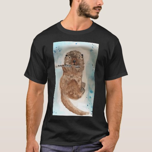水彩画のフルートを演奏するカワウソ Tシャツ (正面)