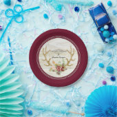 水彩画のブライダルシャワーのBohoのシカの枝角の赤いバラ ペーパープレート (パーティー)