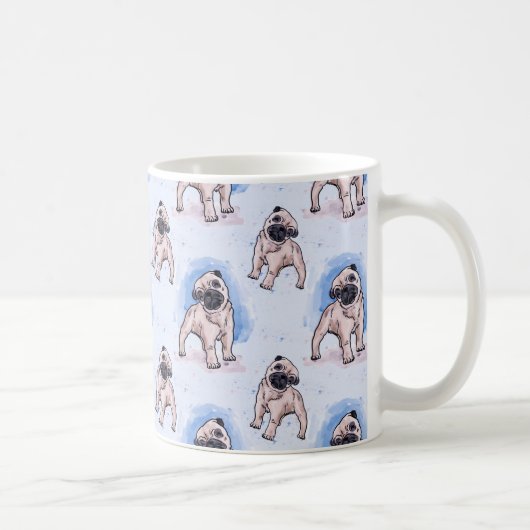 水彩画のプリント、パグ犬、パグのマグ コーヒーマグカップ (右)
