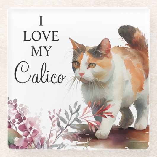水彩画のペット カリコ猫 春の花 ガラスコースター (正面)