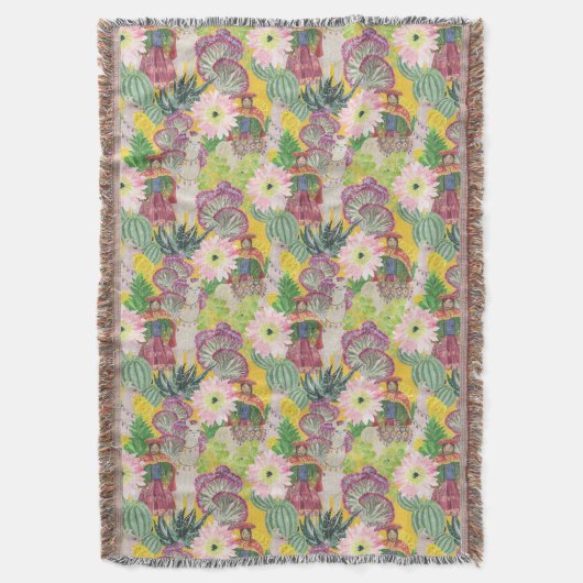 水彩画のペルーの女性及びラマパターン スローブランケット (正面縦)