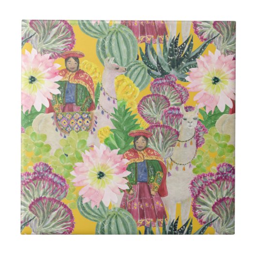 水彩画のペルーの女性及びラマパターン タイル (正面)