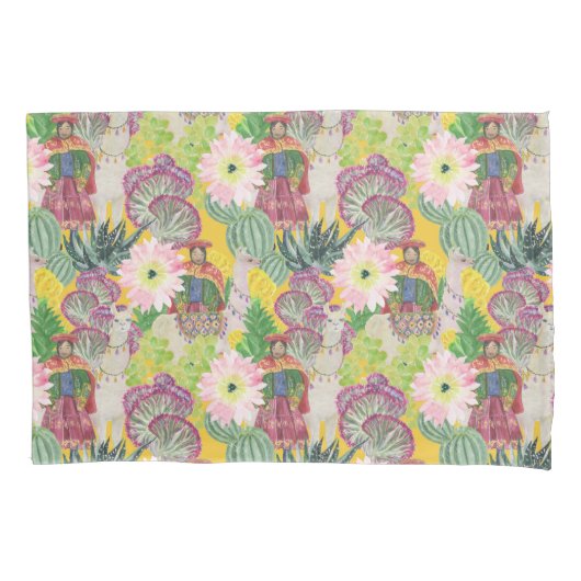 水彩画のペルーの女性及びラマパターン 枕カバー (正面左)