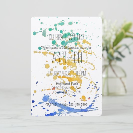 水彩画のペンキは誕生日をはね飛ばします 招待状 (スタンド正面)