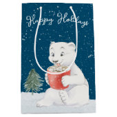 水彩画のホットココアのポーラーベア ミディアムペーパーバッグ (正面)