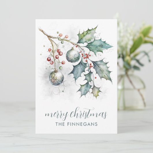 水彩画のホリーとオーナメントのクリスマスカード シーズンカード (スタンド正面)