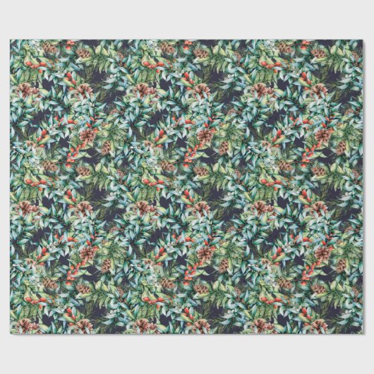 水彩画のホリーの実とツルハランとクリスマスの休暇 ラッピングペーパー (フラット)