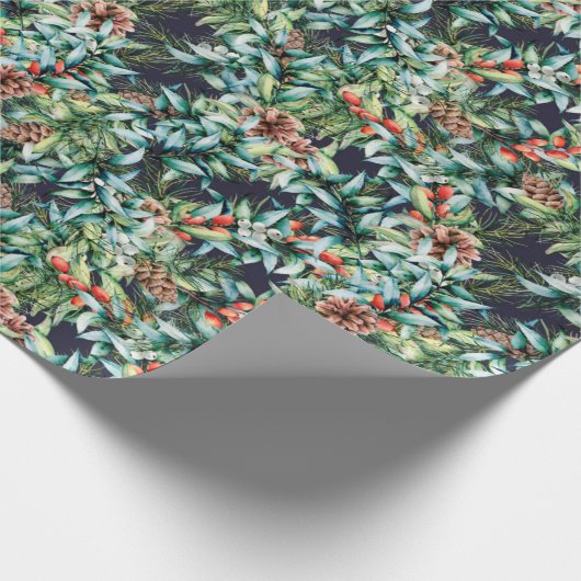 水彩画のホリーの実とツルハランとクリスマスの休暇 ラッピングペーパー (角)