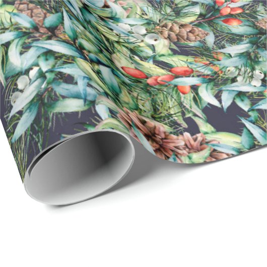 水彩画のホリーの実とツルハランとクリスマスの休暇 ラッピングペーパー (ロールコーナー)