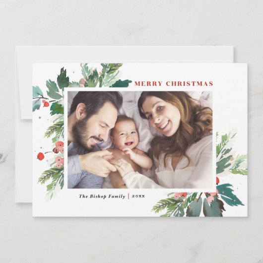 水彩画のホリーの植物学的なクリスマスの写真 シーズンカード (正面)