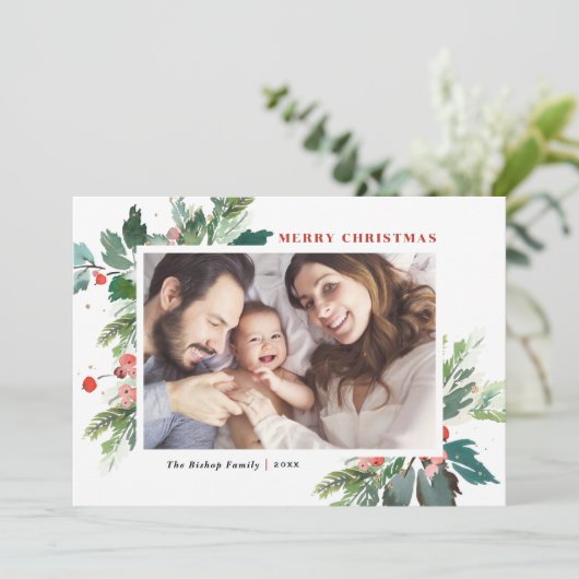水彩画のホリーの植物学的なクリスマスの写真 シーズンカード (スタンド正面)