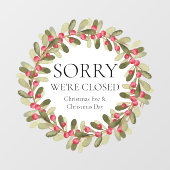 水彩画のホリーデータのリース クリスマス 営業終了 ウィンドウサイン (シート)
