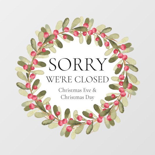 水彩画のホリーデータのリース クリスマス 営業終了 ウィンドウサイン (シート)