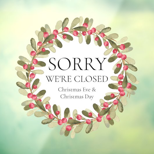 水彩画のホリーデータのリース クリスマス 営業終了 ウィンドウサイン (シート3)