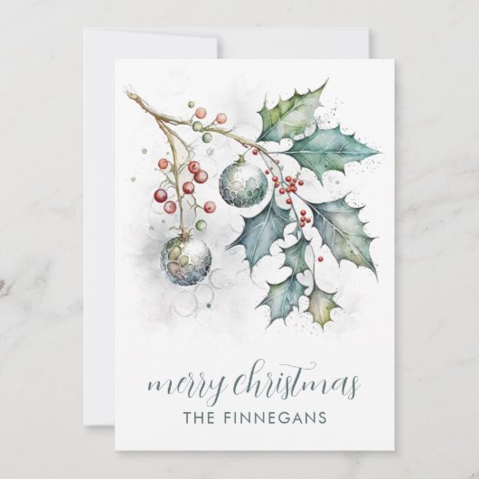 水彩画のホーリーとオーナメントのクリスマスカード シーズンカード (正面)
