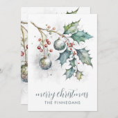水彩画のホーリーとオーナメントのクリスマスカード シーズンカード (正面/裏面)