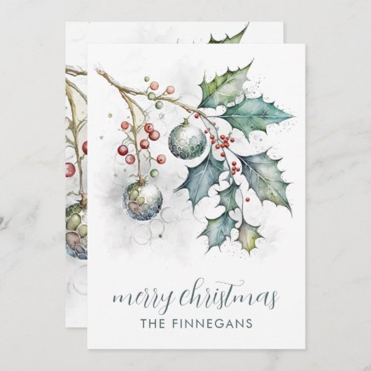 水彩画のホーリーとオーナメントのクリスマスカード シーズンカード (正面/裏面)