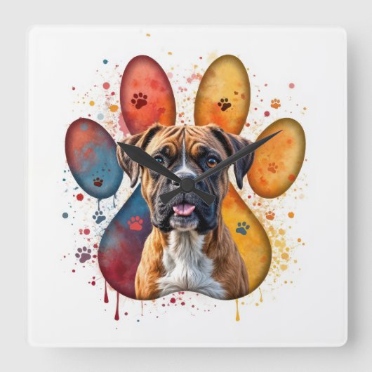 水彩画のボクサー犬 スクエア壁時計 (正面)