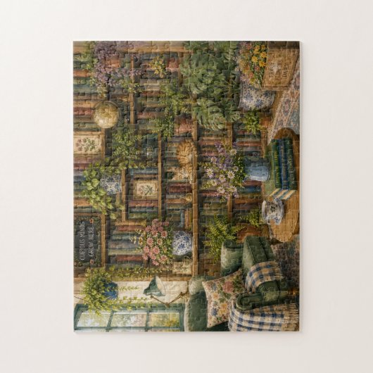 水彩画のボタニカル本屋の猫パズル | ジグソーパズル (縦)