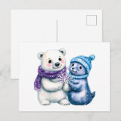 水彩画のポーラーベアとアザラシのイラスト ポストカード (正面/裏面)
