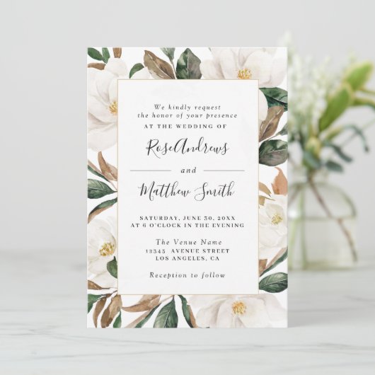 水彩画のマグノリアの花柄の結婚式招待状 招待状 (スタンド正面)