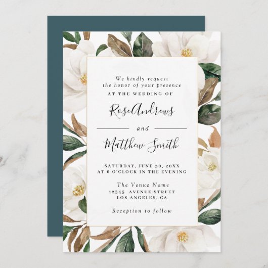 水彩画のマグノリアの花柄の結婚式招待状 招待状 (正面/裏面)