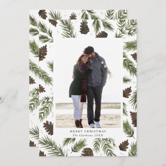 水彩画のマツ小枝のクリスマスの写真カード シーズンカード (正面/裏面)
