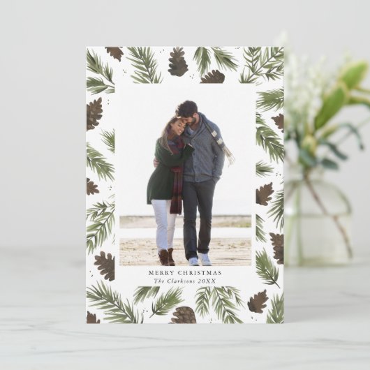 水彩画のマツ小枝のクリスマスの写真カード シーズンカード (スタンド正面)