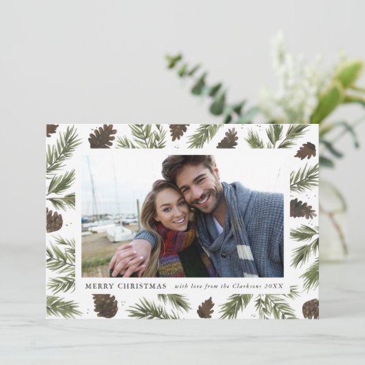 水彩画のマツ小枝のクリスマスの写真カード シーズンカード (スタンド正面)