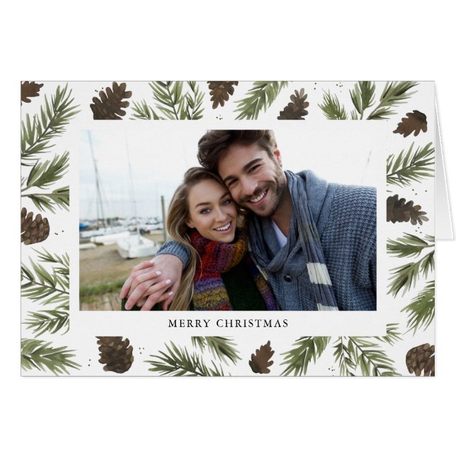 水彩画のマツ小枝、写真の挨拶状 (正面横)