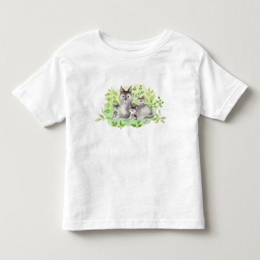 水彩画のママ グレイウルフと子供たち トドラーTシャツ (正面)