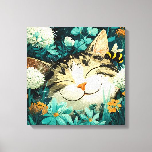水彩画のミツバチと眠る猫 花の庭園 キャンバスプリント (正面)