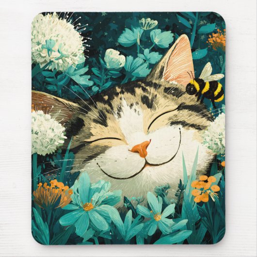 水彩画のミツバチと眠る猫 花の庭園 マウスパッド (正面)