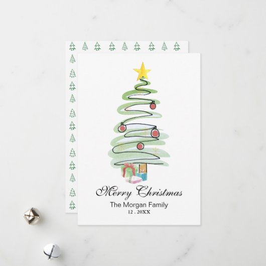 水彩画のミニクリスマスツリーカード(写真なし) シーズンカード (正面/裏面インサイチュ)