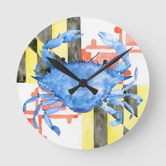 水彩画のメリーランドの旗および青カニ ラウンド壁時計 (正面)