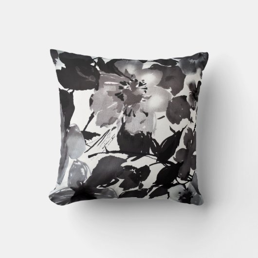 水彩画のモダンなヴィンテージの白黒の花柄 クッション (正面)
