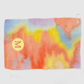 水彩画のモノグラムのオレンジ黄色の青のラベンダー ゴルフタオル (横)