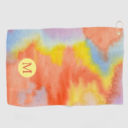 水彩画のモノグラムのオレンジ黄色の青のラベンダー ゴルフタオル (横)