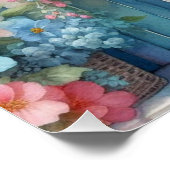 水彩画のモノグラム パステルカラーの花たち 青い木の板に ポスター (コーナー)