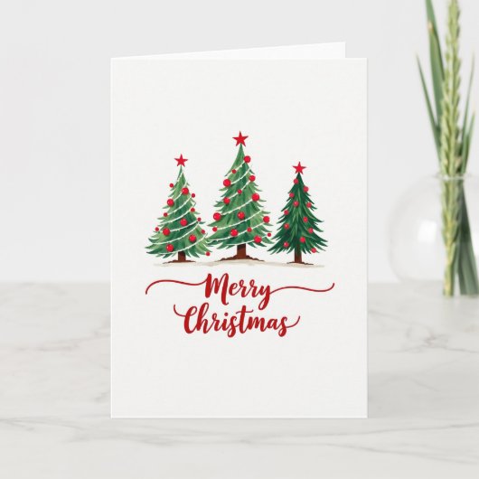 水彩画のモミの木3本が描かれたメリークリスマスカード カード (正面)