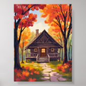 水彩画のモミジの森の丸太小屋 ポスター (正面)