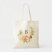 水彩画のモモのシャクヤクのリースのモノグラムのトートバック トートバッグ (正面)