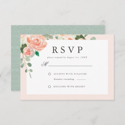 水彩画のモモ及び赤面の花の結婚式 出欠カード (正面/裏面)