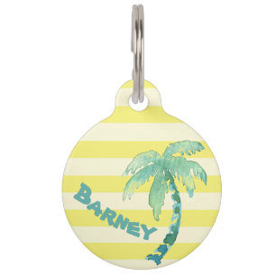 水彩画のヤシの木の黄色のストライプの夏 ペット ネームタグ