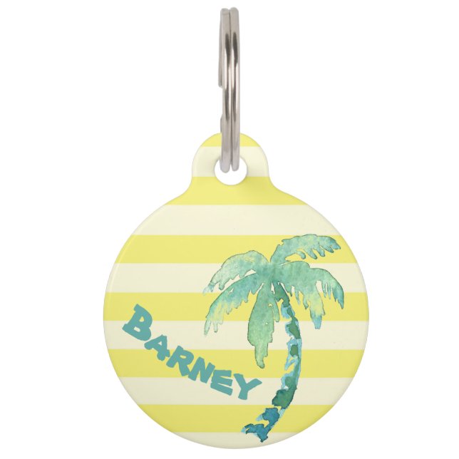 水彩画のヤシの木の黄色のストライプの夏 ペット　ネームタグ (正面)