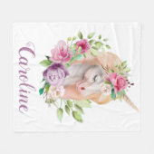 水彩画のユニコーンのパーソナライズな名前 フリースブランケット (正面(横))